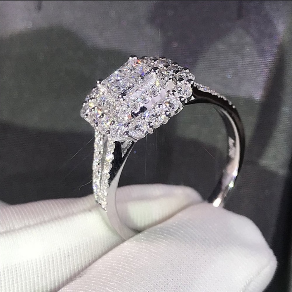 NEW💎925 Sterling Silver Diamond Halo Square Ring - Picture 4 of 8